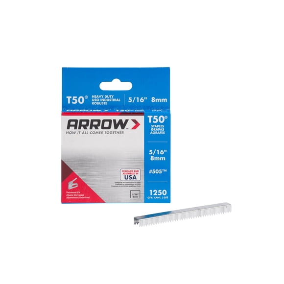 Staples Arrow Fastener 505 T50, pata de 8 mm, corona de 3/8 pulgadas, 1250 unidades