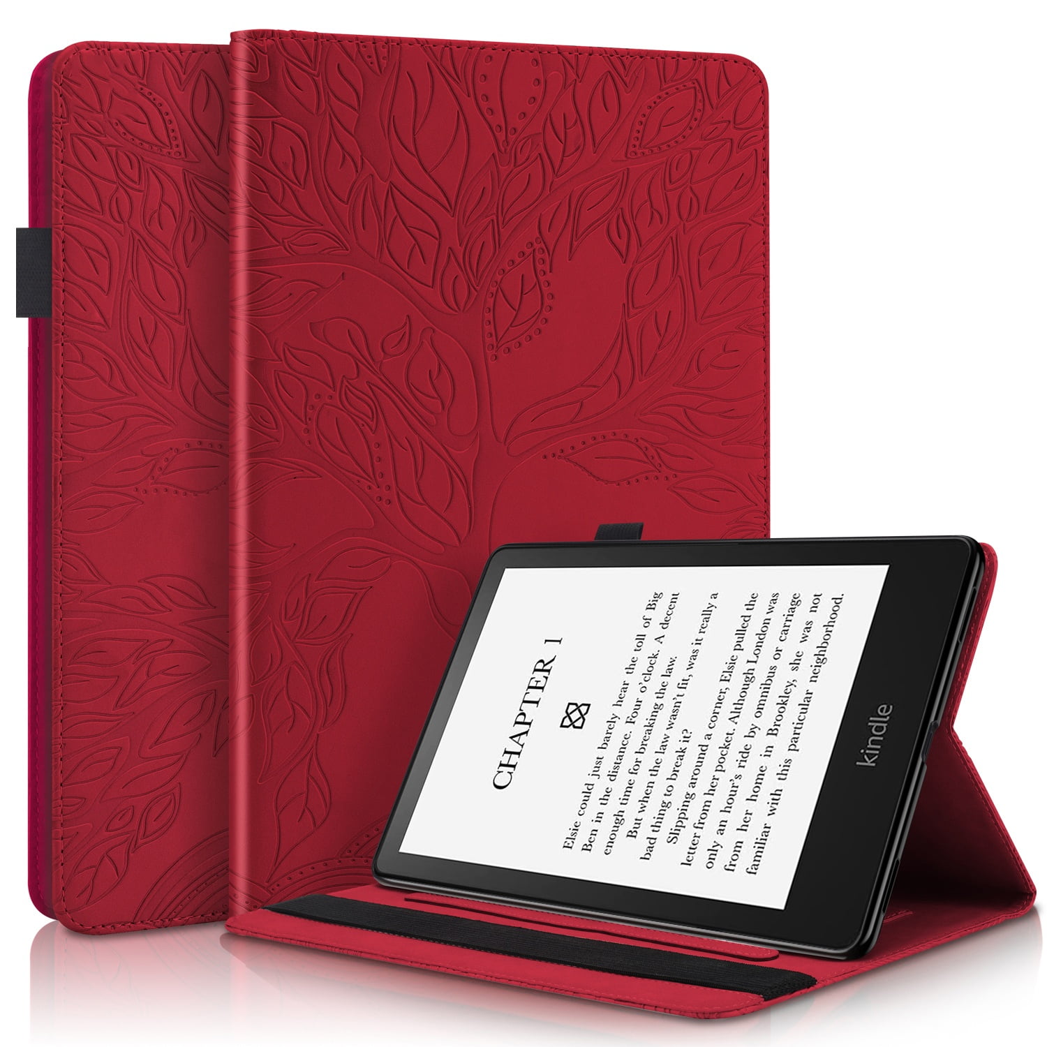 Foxdock - Funda Con Relieve Del Árbol De La Vida Para Tablet Kindle 6(2022) Con Soporte, Ranuras Para Tarjetas Y Soporte Para Lápiz Óptico. Rojo
