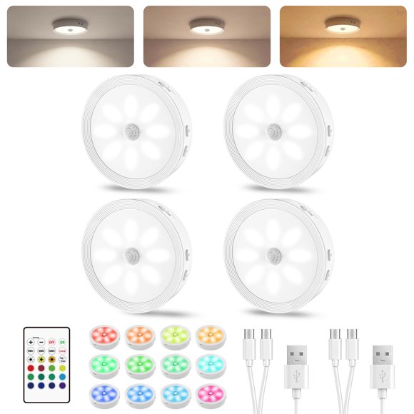 Luces tipo Puck Besttour 4 unidades con control remoto RGB y sensor de movimiento