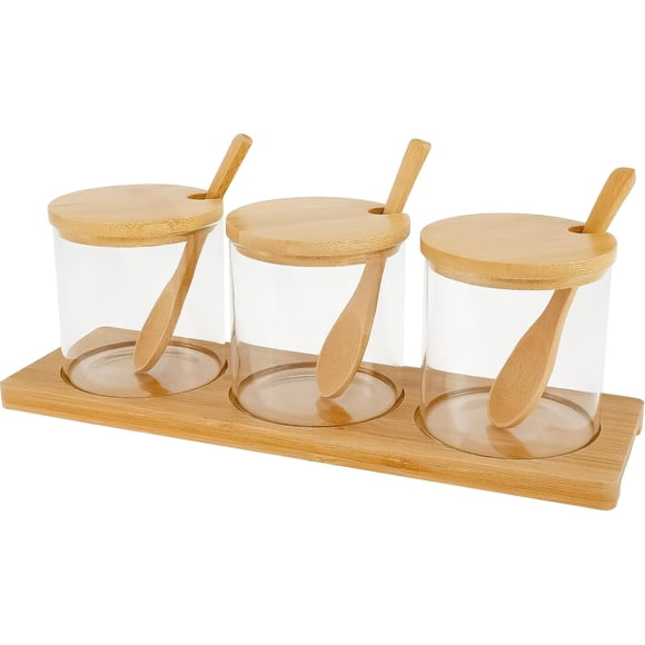 3 Frascos De Vidrio Tapa Y Cuchara Bambú + Base Organizadora