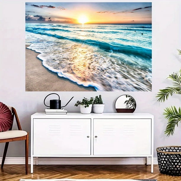 1pc Print Oil Painting, Modern European And American Style Inswind Shoreline Sunrise Sea Sun Hanging Wall Wallpaper Background Painting Crash Into Me Home Decoration Poster Art Wall Decoration Painti