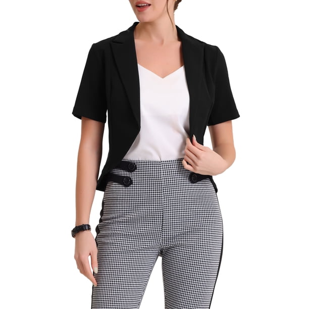 INSPIRE CHIC Blazer de Oficina para Mujer, Casual de Negocios, con Solapa, Manga Corta, Abierto al Frente, Corto, Talla XL, Negro