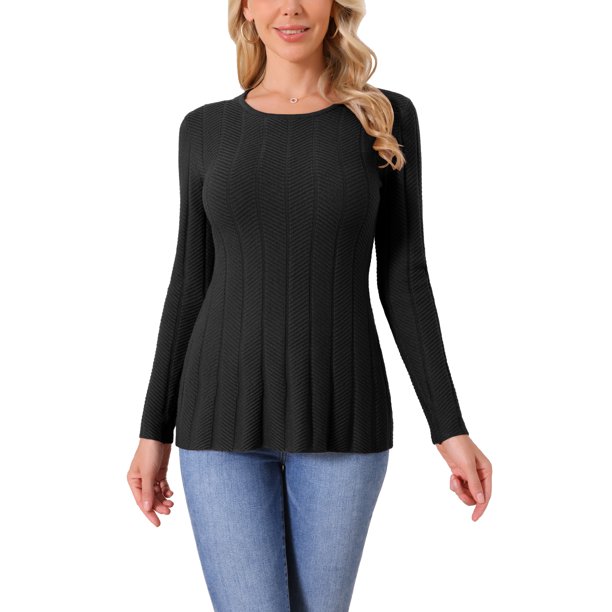 INSPIRE CHIC Suéteres de Manga Larga para Mujer Cuello Redondo Tops de Punto Elástico Otoño Invierno Camisa Casual M Negro