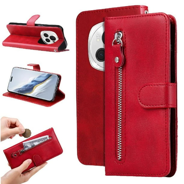 Funda con Cremallera para Honor Magic 6 Pro, Carcasa Cartera de Cuero PU con Soporte y Tarjetero