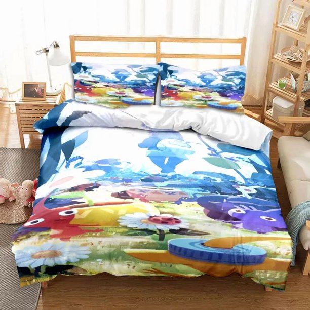 v308 Bed Sheets Cute Pikmin Characters Cartoon Bedding Set,Duvet Cover Bed Set Quilt Cover Pillowcase,King Queen Twin Size Boys Girls Adults 3-Piece Bedding Set (1 Duvet Cover + 2 Pillow Shams) Bed Sh