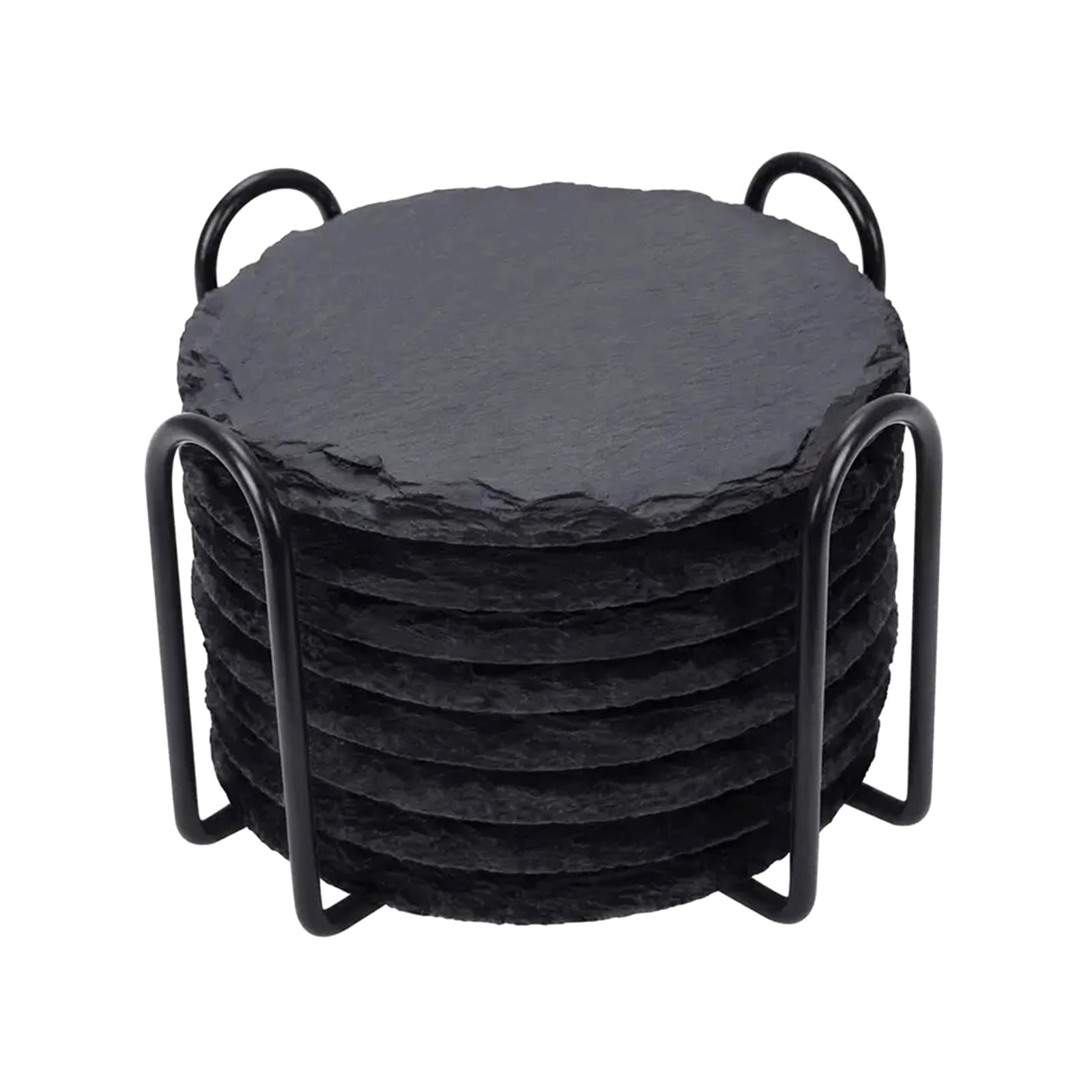 Magideal - Juego De 8 Posavasos De Pizarra Para Bebidas, Juego De Posavasos De Piedra Para Tazas, Con Soporte, Posavasos Para Decoración De Mesa De Café De Ofici Redondo