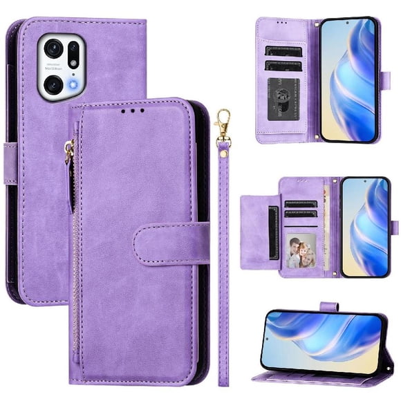 Funda tipo libro para OPPO Find X5 PRO con bolsillo con cremallera, cierre magnético, 7 ranuras para tarjetas y correa para la muñeca.