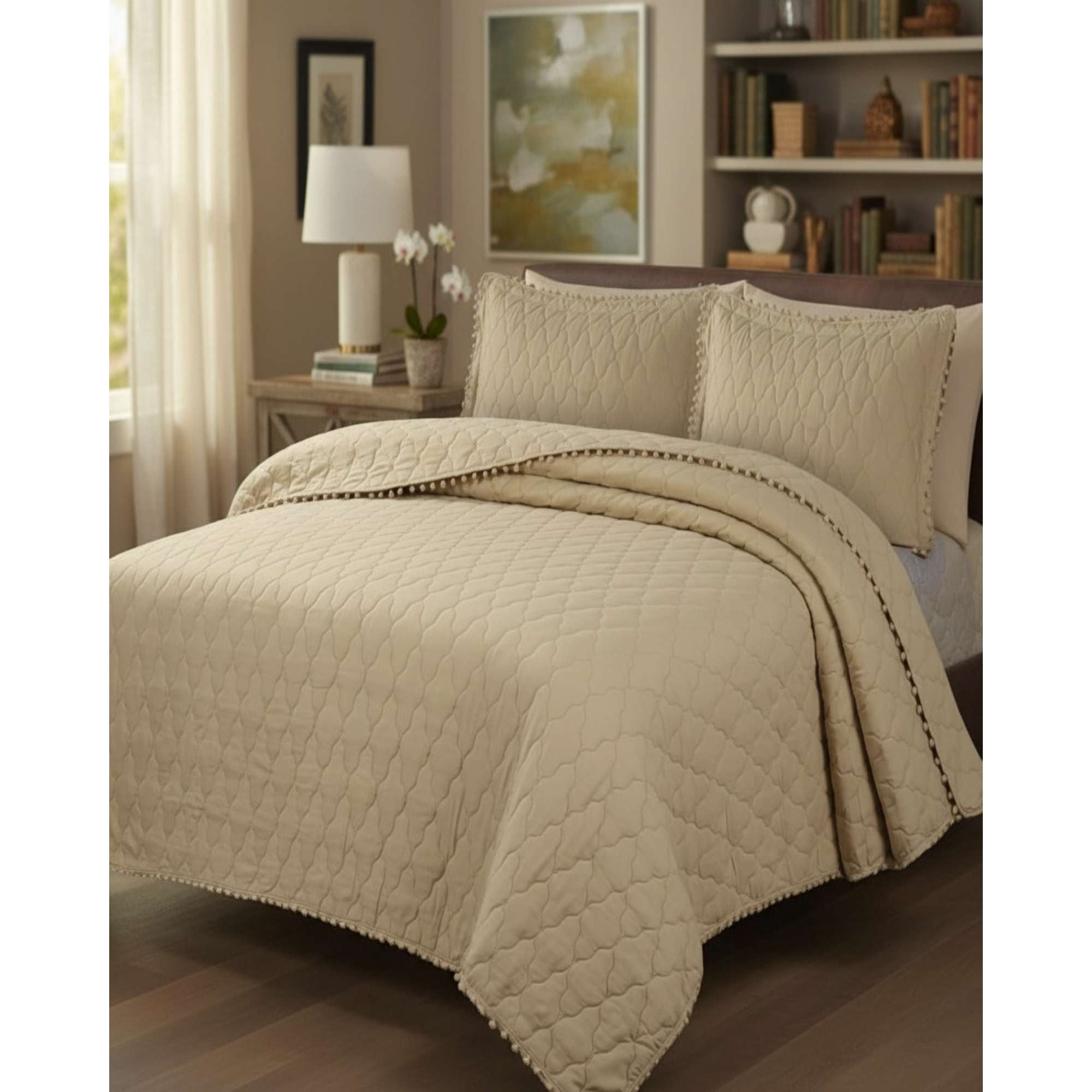 Imac Hogar - Quilt Premium Blanco Boho-chic Con Pompones 2 Plazas