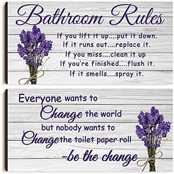 2pcs/set Rustic Ocean Beach Bathroom Sign with Farmhouse Toilet Wall Decor and Tape - Funny Flower Art for Bathroom Rules