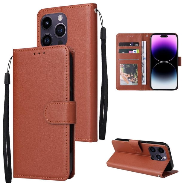 Funda Cartera para iPhone 14 Pro Max con Tarjetero, Soporte y Cordón - Protección Marrón
