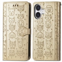 Funda Cartera Foxdock Para Iphone 17 , Flip Pu Con Relieve De Gatos Y Perros, Tarjetero Y Soporte