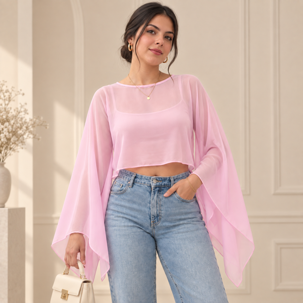 Blusa Mujer Tul Transparente Manga Acampanada Elegante Fiesta rosa Talla Única