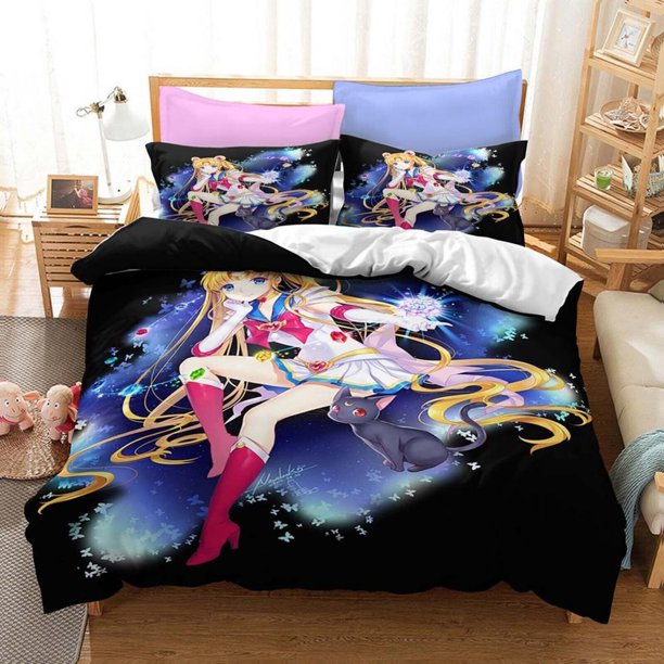 Sailor Moon Cartoon Girls Quilt Duvet Cover Set Double Bedspread3-Piece Bedding Set