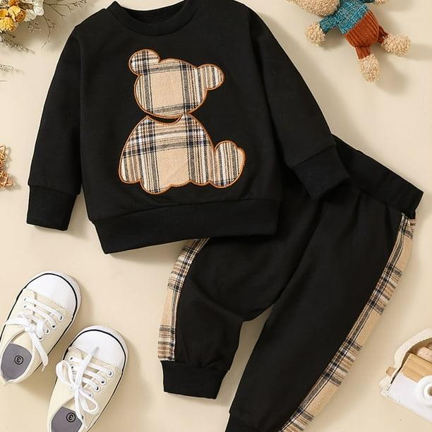Get Your Little Ones Cozy and Cute with Our 2-Piece Toddler Baby Bear Embroidery Sweatshirt and Splicing Pant Set - Perfect for Casual Wear!