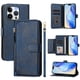 thumbnail image 3 of Funda tipo cartera para iPhone 13 Pro Max con bolsillo con cremallera, tarjetero, soporte, correa para la muñeca y tapa de cuero azul, 3 of 5
