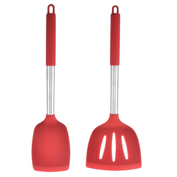 Utensilios de cocina de 2 piezas, cabezales de silicona aptos para uso alimentario y mangos de acero inoxidable, color rojo