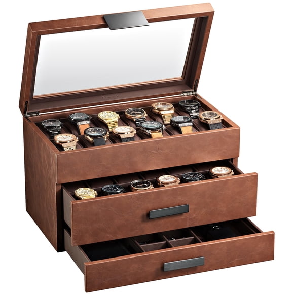 Caja de relojes Glenor de 24 compartimentos color marrón – Estuche de exhibición de lujo