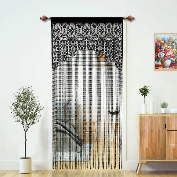 Cortina YaoYue con cordón de macramé, 90 x 200 cm, color negro, 2 unidades