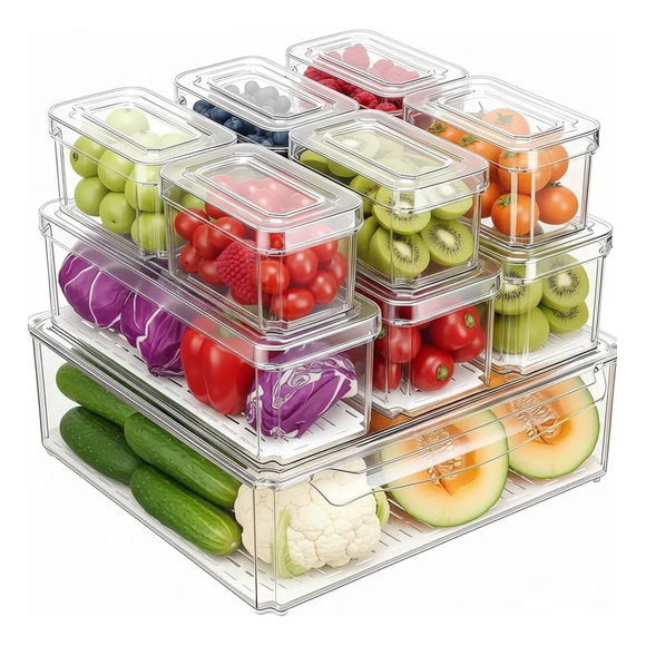 Organizador refrigerador Set x 10 contenedores transparentes con tapa
