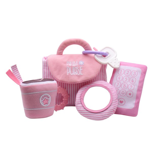 Set de juego Plush My First Purse de 4 piezas con juguetes sensoriales y llaves adicionales para morder para bebés, rayas rosas, 8 pulgadas