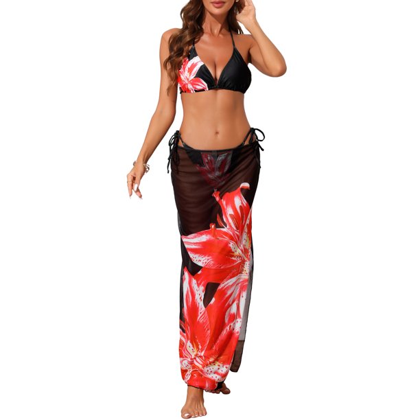 INSPIRE CHIC Bikini de 3 Piezas para Mujeres, Top de Triángulo con Halter Floral, Falda Cubierta Transparente y Parte Inferior de Corte Alto para Playa Negro Rojo Grande