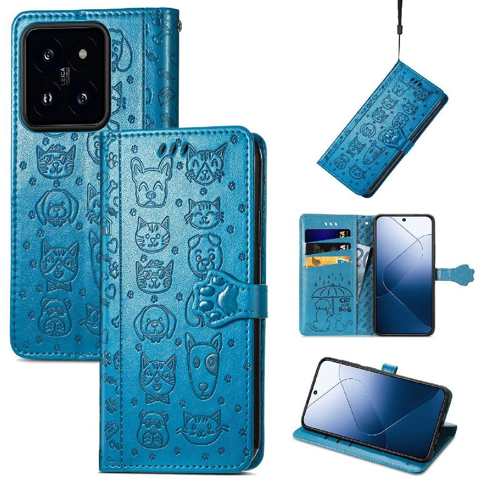 Funda Cartera Foxdock Para Xiaomi 14T Pro , Flip Pu Con Relieve De Gatos Y Perros, Tarjetero Y Soporte