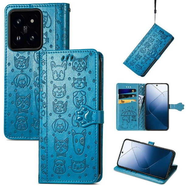 Funda Cartera FOXDOCK para Xiaomi 14T Pro , Flip PU con Relieve de Gatos y Perros, Tarjetero y Soporte