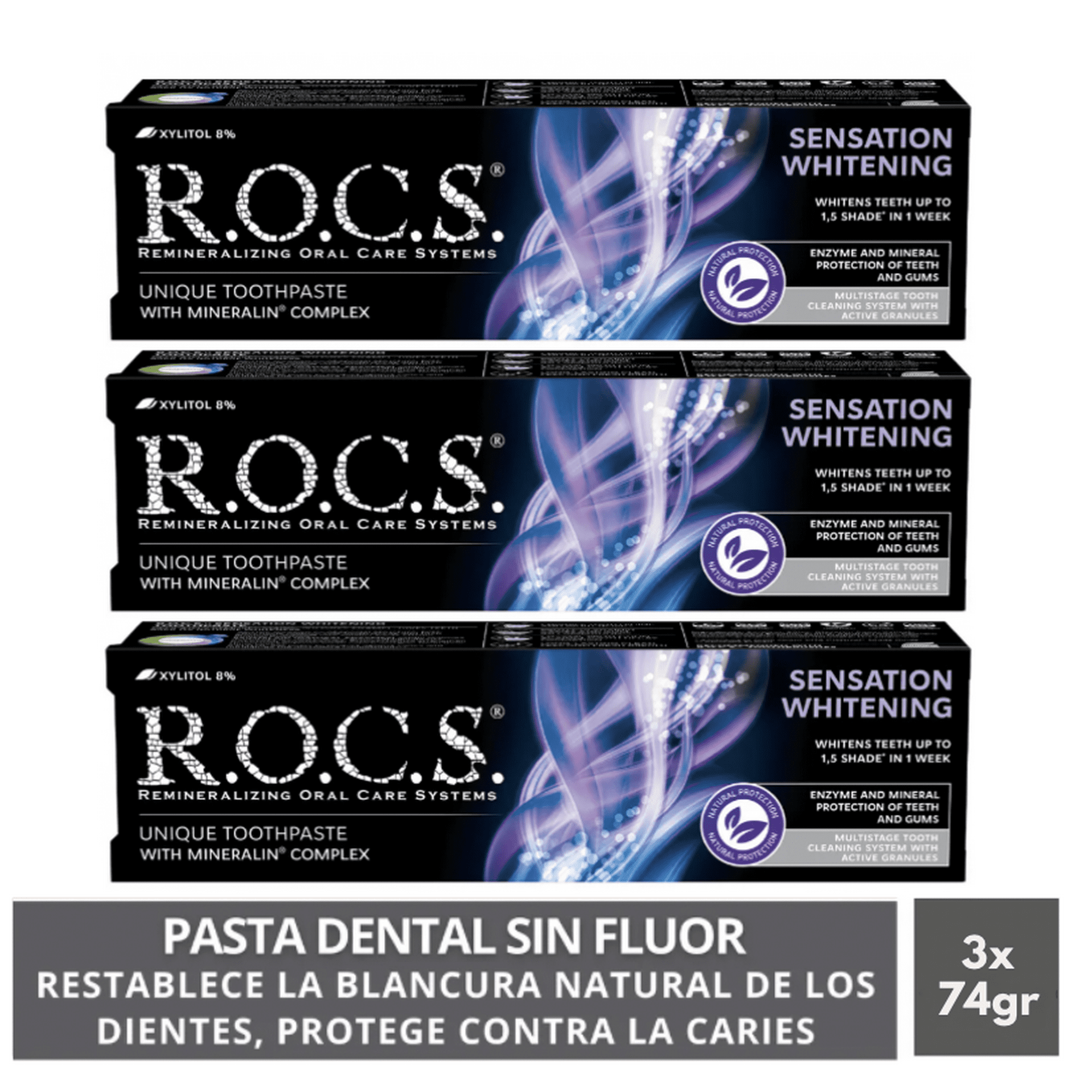 Pack 3 Pasta Dental Blanqueadora Rocs Sensation Whitening. Sin Fluor 74g