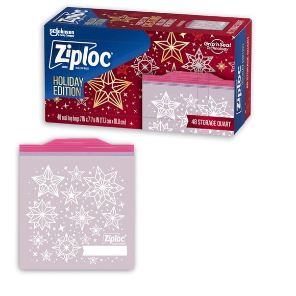 Bolsas Ziploc de Almacenamiento de Alimentos, Tamaño Cuarto, Pack de 48, Edición Navideña