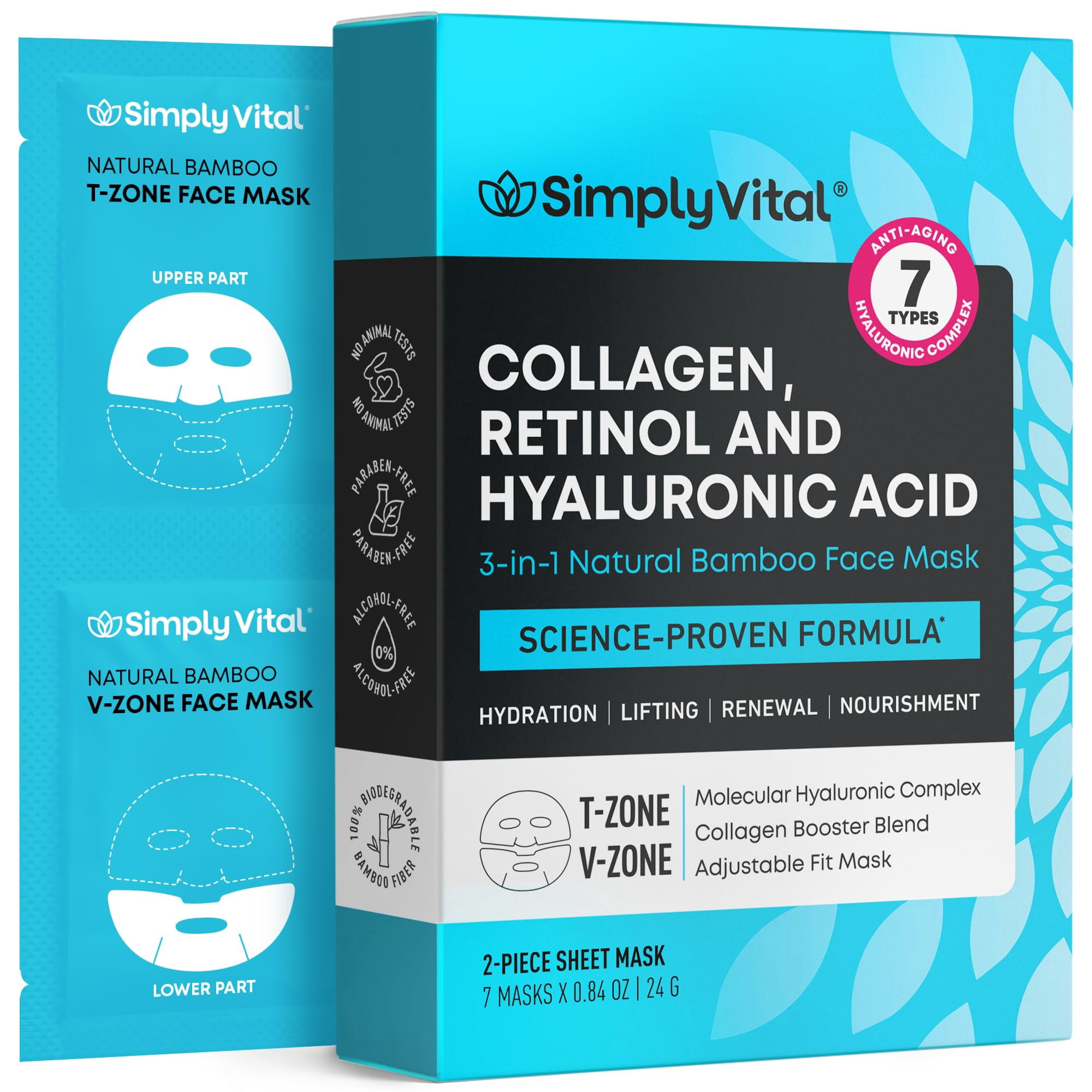 Simply Vital - Mascarilla Facial Simplyvital Collagen Con Retinol Y Ácido Hialurónico, Paquete De 7