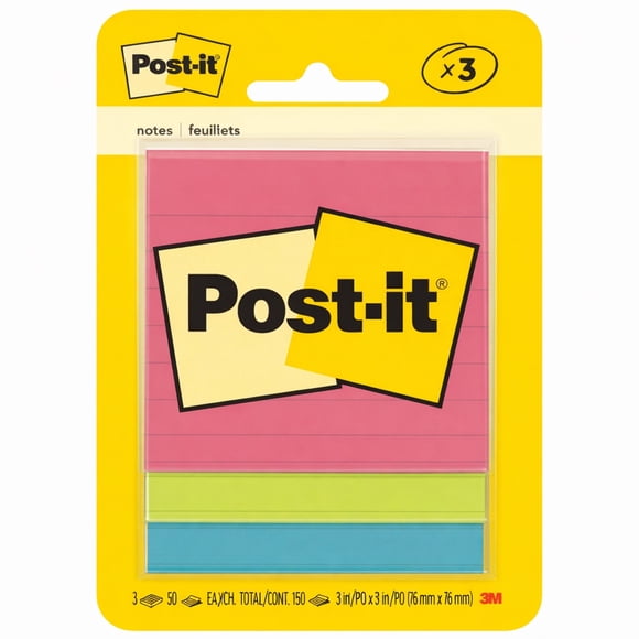 Notas rayadas post-it® 7,6 x 7,6 cm 3 blocs