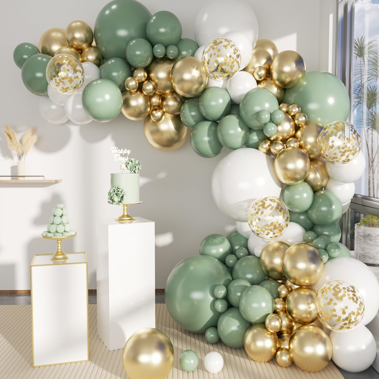 Kit De Guirnaldas Con Forma De Arco Con Forma De Globo Mebay, Verde Salvia Y Oro Blanco, 146 Unidades