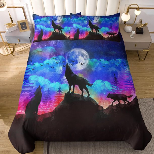 Moon Wolf Bedding Green Watercolor Forest Wolf Landscape Duvet Cover Sets 3 Pieces Wild Animal Bedding Set