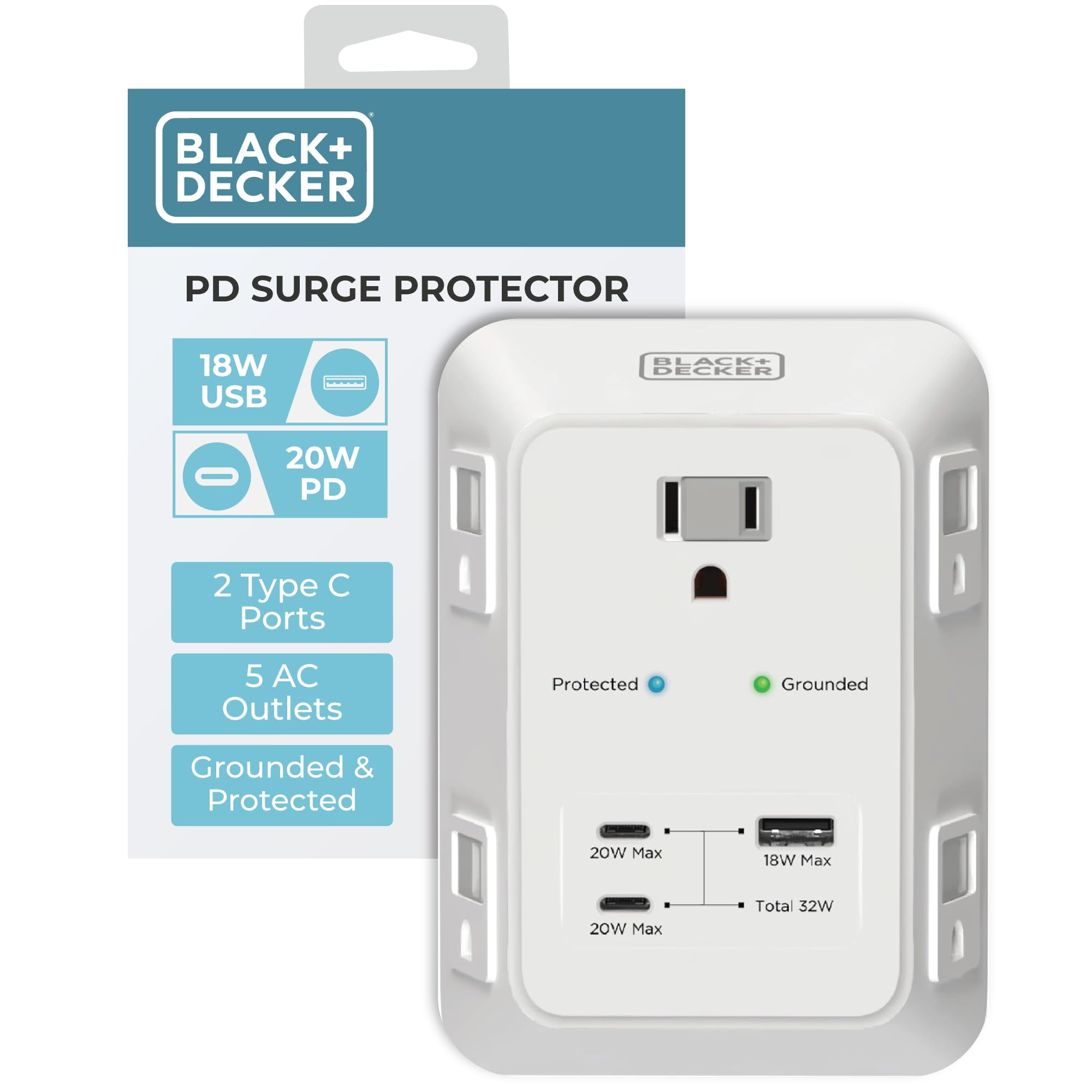 Black+decker - Cargador De Pared Usb, Protector Contra Sobretensiones, 5 Salidas, Color Negro Y Decker