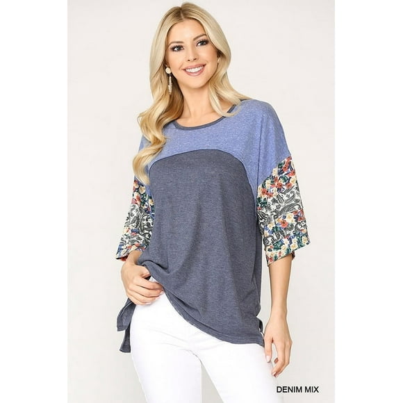 Top de Punto con Bloques de Color y Estampado Floral con Mangas Dolman