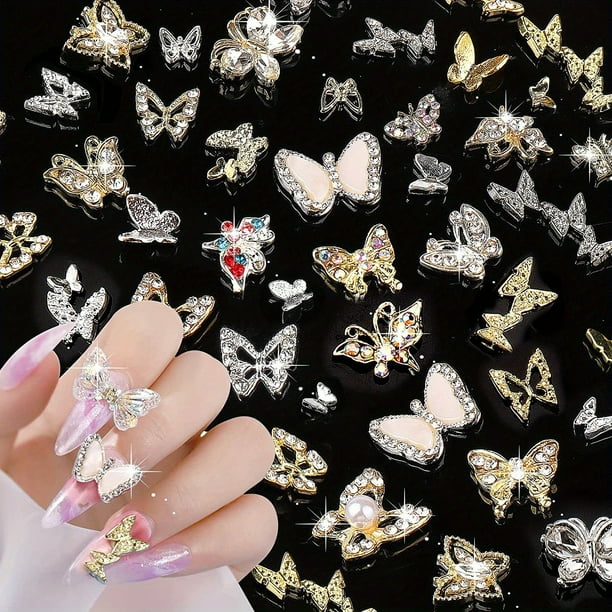 30pcs,Alloy Butterfly Nail Art Charms With Rhinestones,3D Butterfly Nail Art Accessories For DIY Or Nail Salon