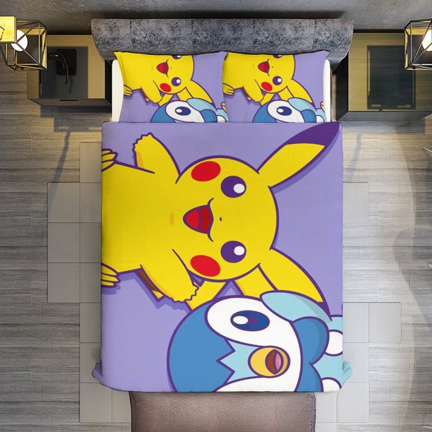 Cartoon Pokmon 3 Piece Sets Full/Queen Size - Reversible Microfiber Quilts with Shams Soft Lightweight Bedspread Coverlet Comforter for All Season Bed Sheets