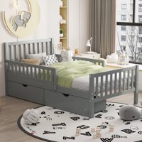 M&Ms - Twin Size Wood Platform Bed With Guardrails On Both Sides And Two Storage Drawers, Gray