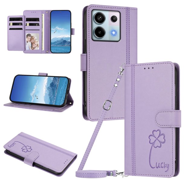 Funda Cartera Trébol para Xiaomi Poco X6 con Ranuras Tarjetas y Carga Inalámbrica Morado claro
