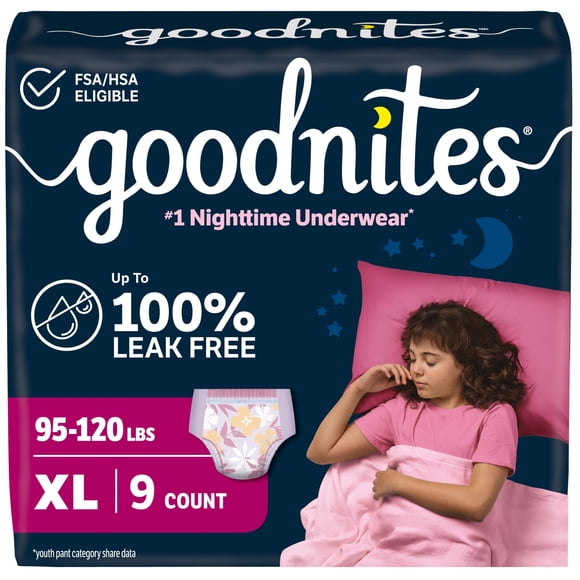 Ropa interior GoodNites para niñas XL, paquete de 9 unidades para enuresis nocturna