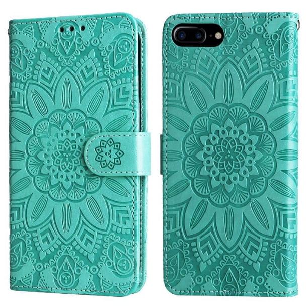 Funda tipo cartera FOXDOCK para iPhone 7 Plus/8 Plus , diseño girasol en relieve, cuero PU, cierre magnético, soporte y tarjetero