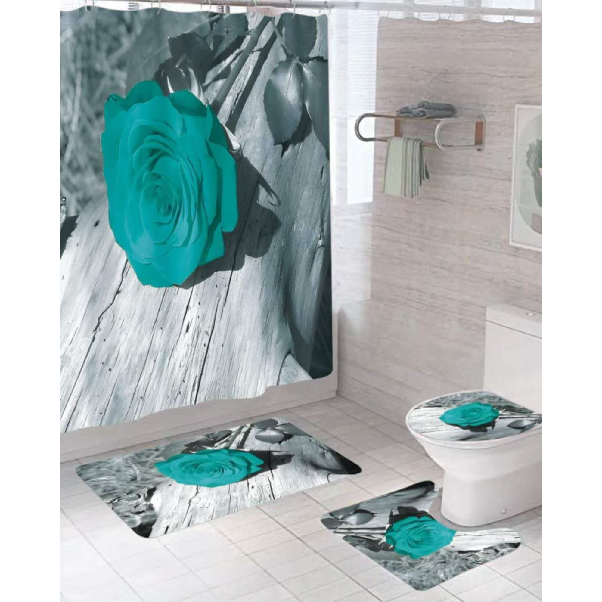 Mylhogar - Juego 5 Piezas Con Cortina De Baño De Tela Poliéster Y Forro De Ducha De Plástico