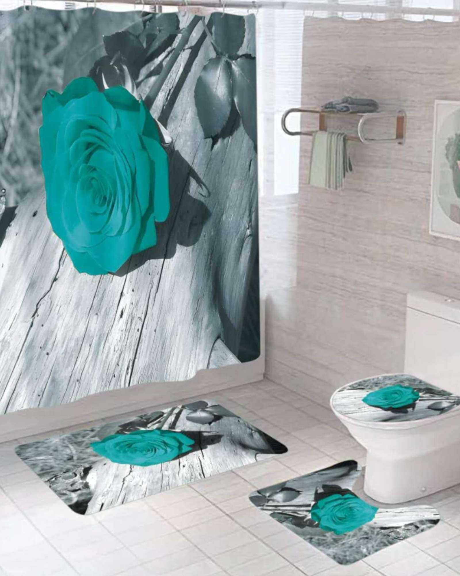 Mylhogar - Juego 5 Piezas Con Cortina De Baño De Tela Poliéster Y Forro De Ducha De Plástico