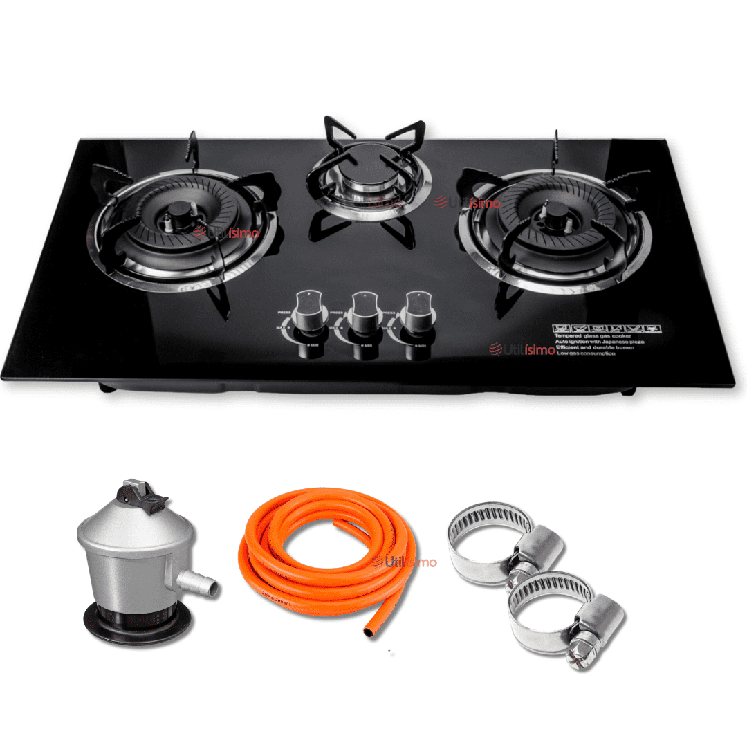Line - Cocina Encimera A Gas Licuado 3 Platos Tope De Vidrio Con Chispero+kit De Instalación