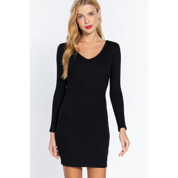 Vestido Mini de Canalé con Escote en V y Manga Larga