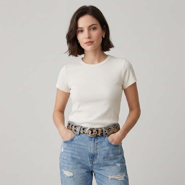 Cinturón Mujer delgado con Ojetillos chic casual beige Talla Única