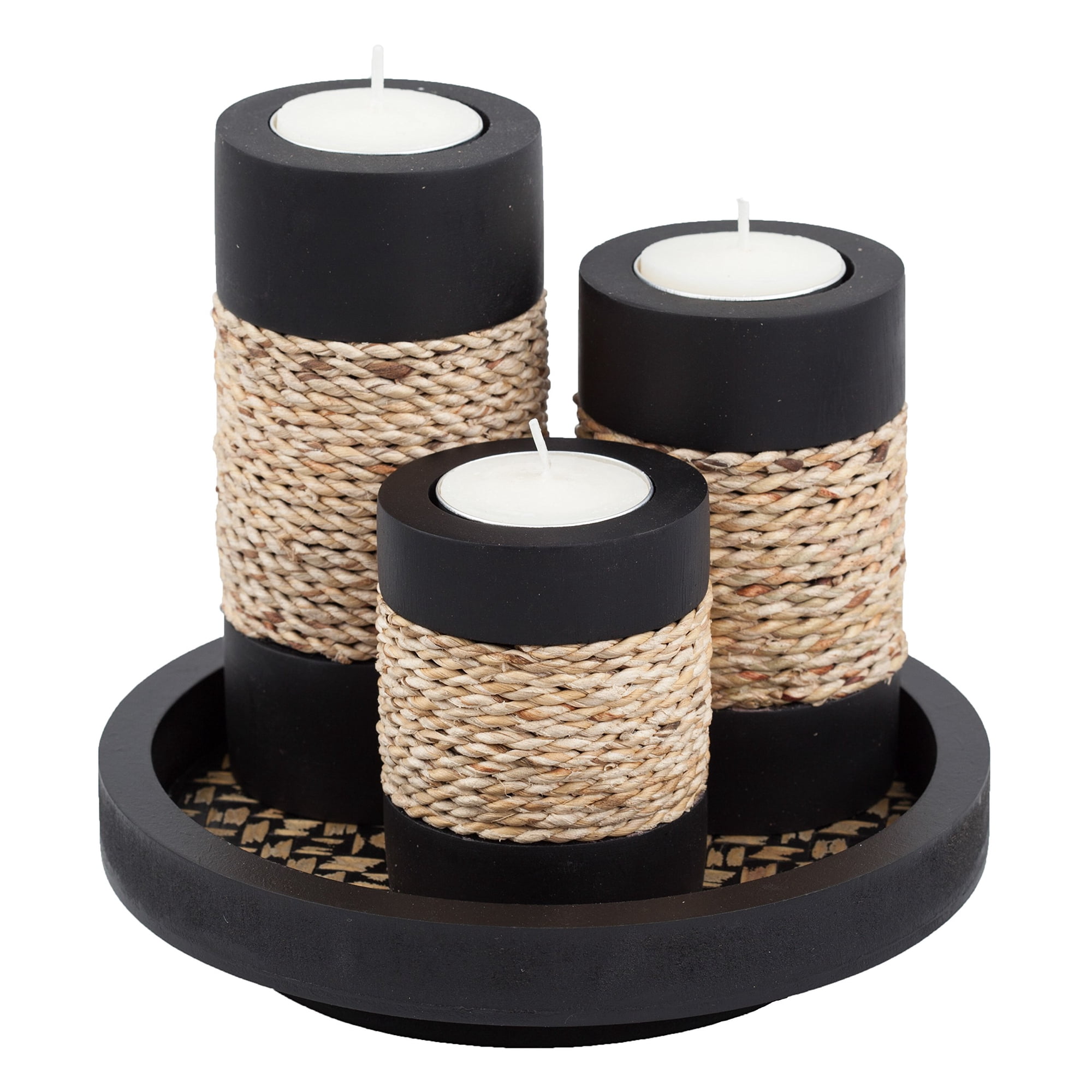 Juego De 3 Portavelas Iyara Craft De Madera Con Bandeja