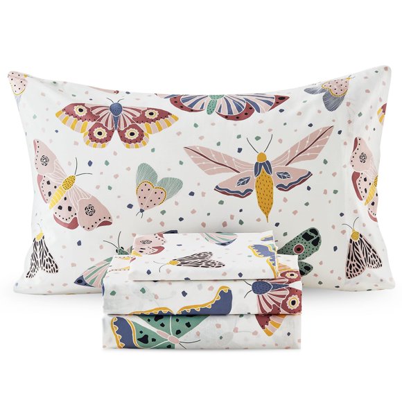Ivellow Sábanas 100% Algodón Tamaño Queen, Estampado de Mariposa, Bolsillo Profundo de 16" (41 cm)