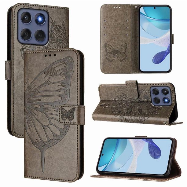 Funda cartera mariposa para Motorola Edge 60 con soporte y ranuras para tarjetas Gris