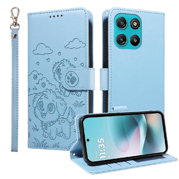 Funda Cartera para Motorola Moto G67 Power 5G Perro Cachorro Grabado con Tarjetas Soporte Correa Azul
